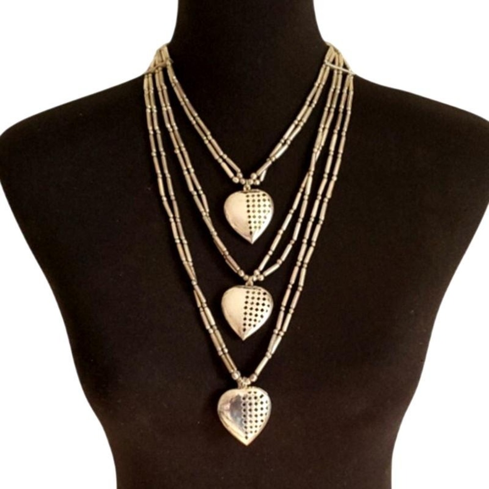 Layered Silver Tone Heart Necklace Multi Chain Sweetheart Vintage Boho Statement